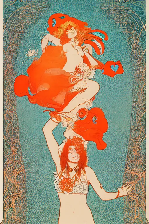 Image similar to A girl in a white lacy bikini and white sun hat and Holding a heart-shaped lifebuoy, jumping for joy,long orange hair floating on air ,Waves and splashes,beach,geometric shapes, hard edges ,Smooth visual lines,,graphic Design by mucha