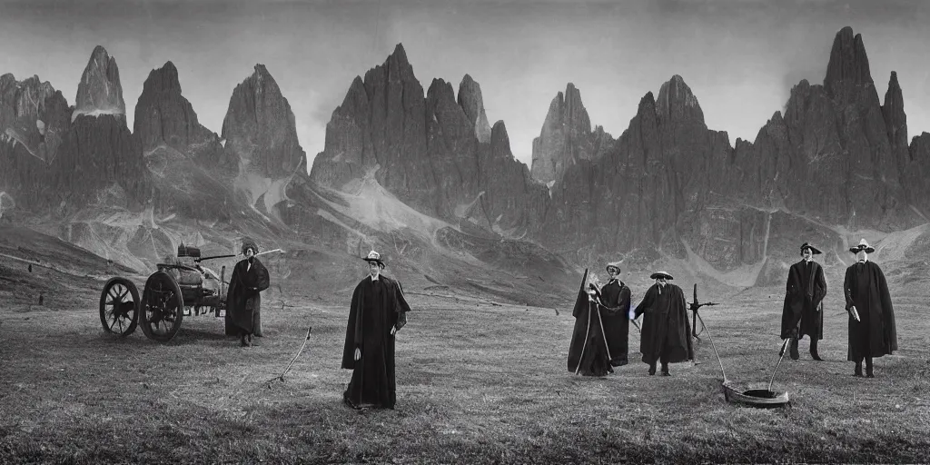 Image similar to 1920s photography of occult priests with hay coats and horn with dolomites in the background, occult signs, witch burning, pyre, solstice fire, alp, dolomites, alpine, detailed intricate insanely detailed octane render, 8k artistic 1920s photography, photorealistic, black and white, chiaroscuro, hd, by David Cronenberg, Raphael, Caravaggio