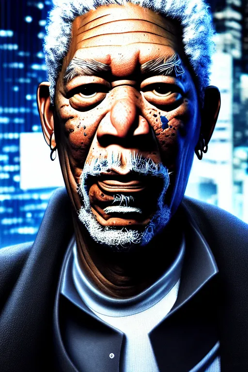 Image similar to a very detailed portrait a cyberpunk Morgan Freeman, biotech, machine, photorealistic, highly detailed with a cyberpunk style, unreal engine, defined cheekbones, dramatic cinematic lighting