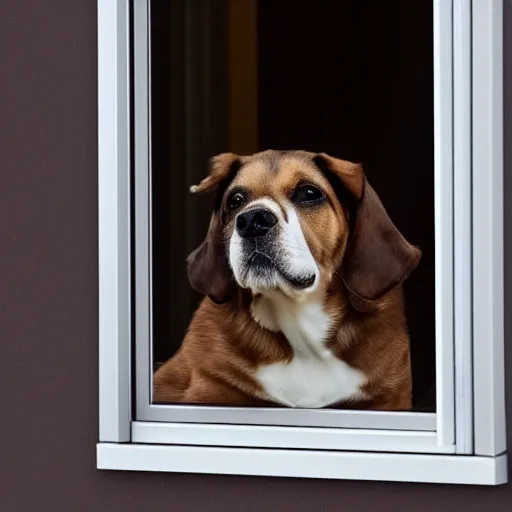 Image similar to ultrawide photo of dog near aluminium window, 8k,