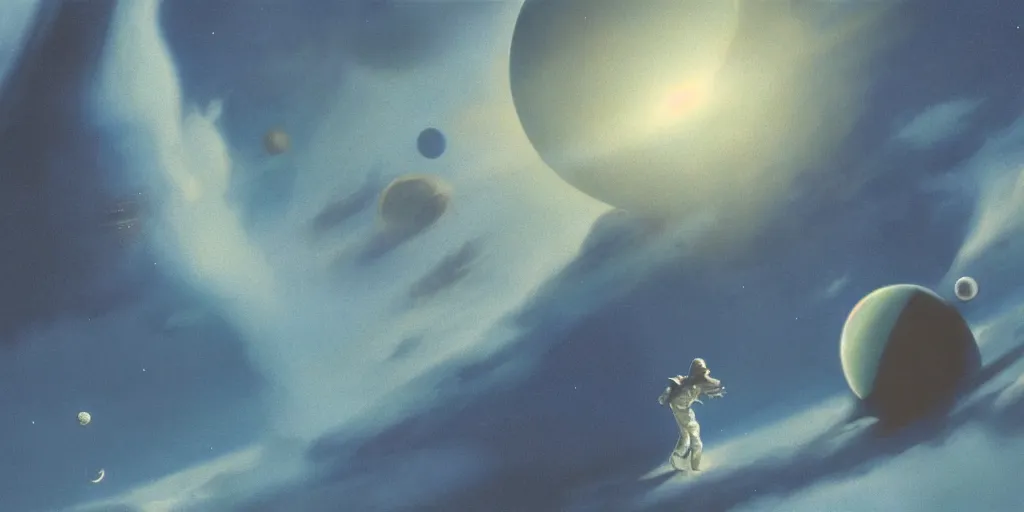 Image similar to blue dreamy cloudscape with a single planet in the clouds, ringed planet, daylight, cinematic lighting, cinematic perspective, syd mead, john harris, federico pelat,