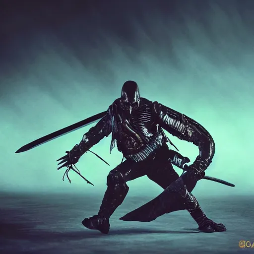 Image similar to old alien samurai attacking with his sword, photography