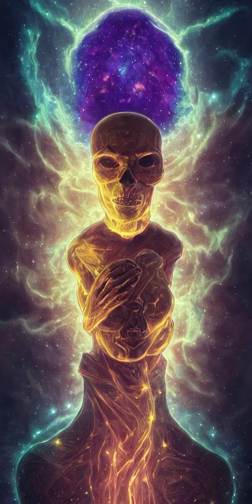 Image similar to intense glowing egyptian mummy god with ancient bandages and intense black eyes with a skull in very dark cosmic nebula by artgerm and beksinski and alphonse mucha, portrait, fantasy, clear, light beams, lens flare, intense, pharoah, throne, uhd, amazing depth, cinematic lighting, black and purple and shining gold