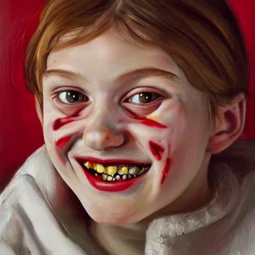 Image similar to high quality high detail painting by lucian freud, hd, beautiful young girl portrait, demonic smile, alizarin crimson and white, photorealistic lighting