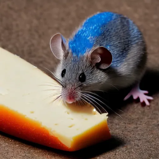 Image similar to a small blue mouse eating a piece of red cheese