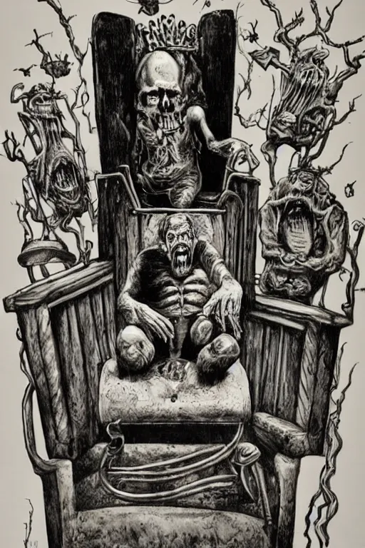 Image similar to a haunted man sitting in a throne, surrounded by your alternative personalities, by ed ( big daddy ) roth