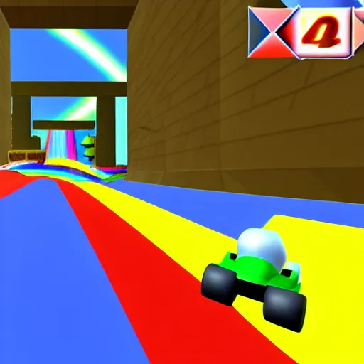 Image similar to thor on rainbow road, mario kart 6 4 screenshot, low poly, aliased