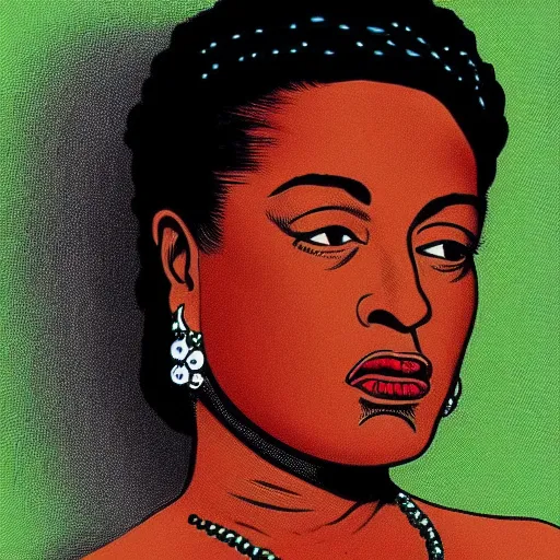 Prompt: “portrait of Billie holiday, by Robert crumb, coloured, graphic”