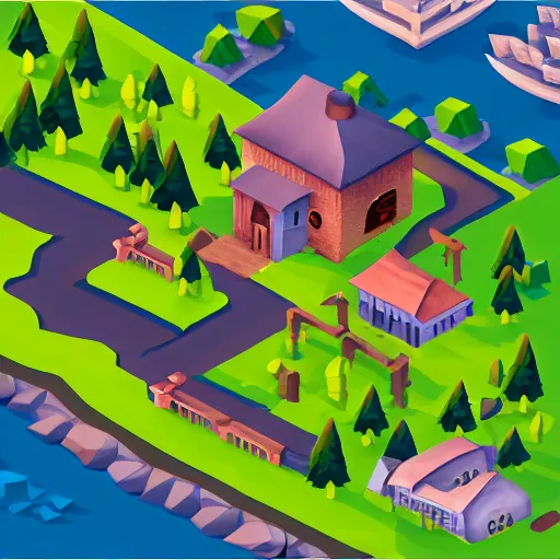 Image similar to small fantasy town, view from above, isometric, stylized, low poly, river, watermill