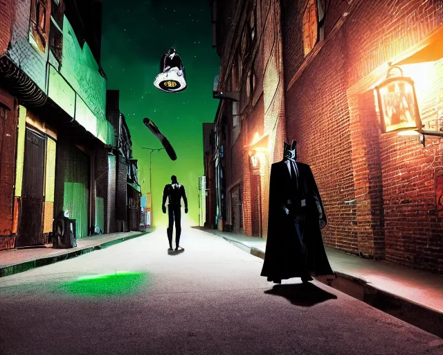 Image similar to a high definition photograph of Batman swinging a green lightsaber through a lamppost in a dark city alleyway at nighttime