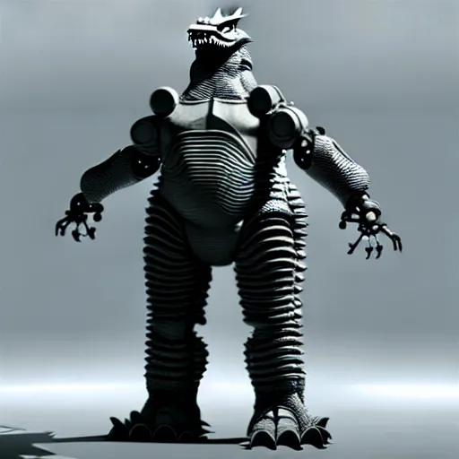 Image similar to robot godzilla suit, photorealistic, unreal engine, 3 d