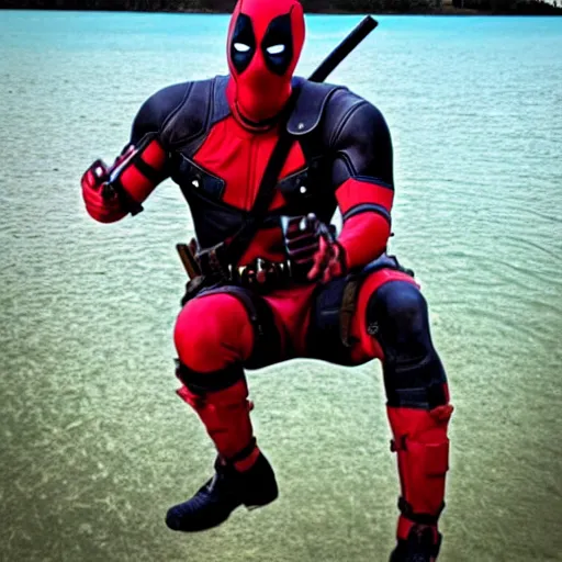 Prompt: deadpool sticking his head out of lake meed