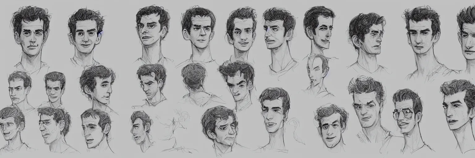 Image similar to character study of julian lage and andrew garfield, clear faces, innocent, naive, character sheet, fine details, concept design, contrast, kim jung gi, pixar and da vinci, trending on artstation, 8 k, full body and head, turnaround, front view, back view, ultra wide angle