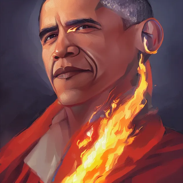 Image similar to Barack Obama as a firebender, portrait, elegant, intricate, digital painting, artstation, concept art, smooth, sharp focus, illustration, art by konstantin korovin and Daniel F. Gerhartz and john howe