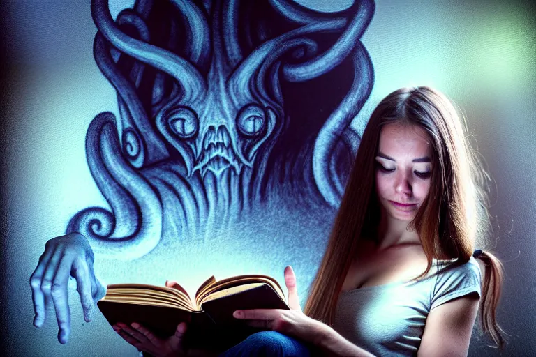 Image similar to romantic photo of bright girl, her cat and her book of necronomicon, symmetrical, cinematic, real dlsr photography, sharp focus, 4 k, ultra hd, sense of awe, sinister demonic atmosphere, dreadful, forbidden knowledge, old gods, cthulhu, yog - sothoth! yah, yah, yah! cultist journal cover