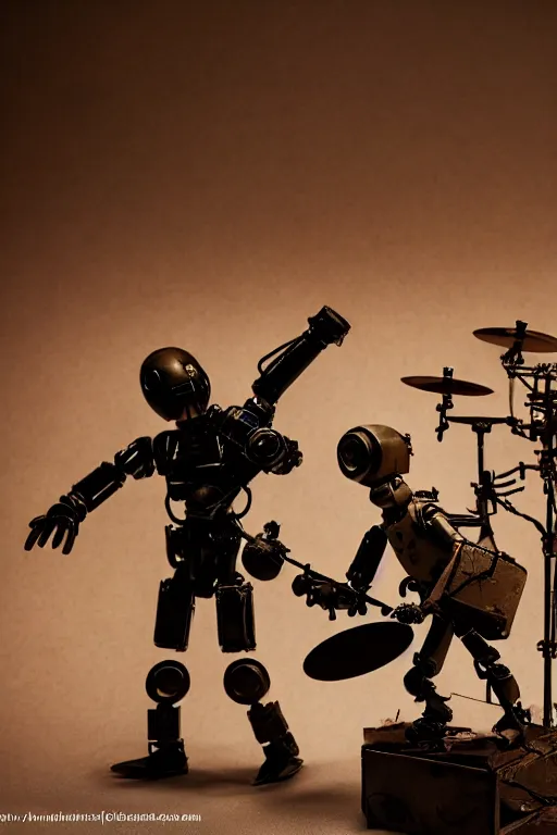 Prompt: a cinematic photo shot of a beautiful 1 : 6 scale threea toys figurine by ashley wood, world war one robot playing drums and electric guitar, black background, museum light, dark mood