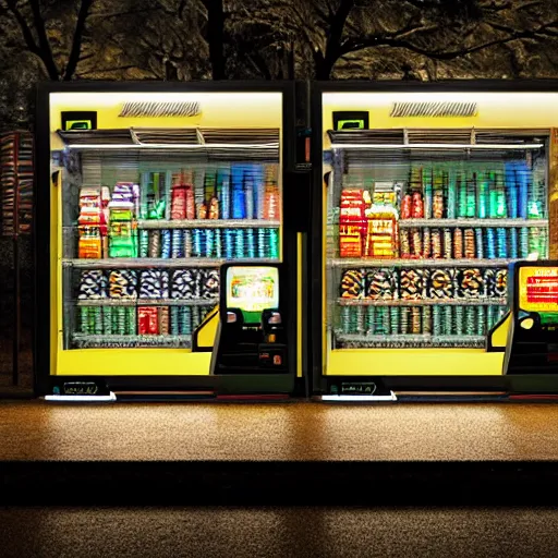 Prompt: a photograph of a roadside shop and glass vending machines at night in an asian forest during a rainstorm, rain, dark, gloomy, desaturated, glowing light, 8 k, octane render