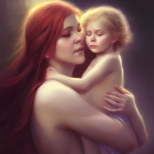 Image similar to love is patient love is kind, mother and child ; photorealistic oil painting by charlie bowater and mark blooms ; highly detailed cute faces by wlop ; trending on artstation