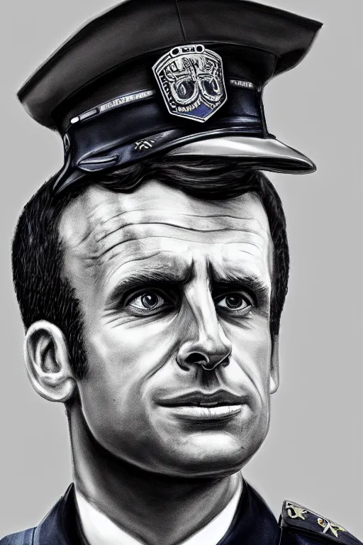 Image similar to emmanuel macron police officer, highly detailed, digital art, sharp focus, trending on art station