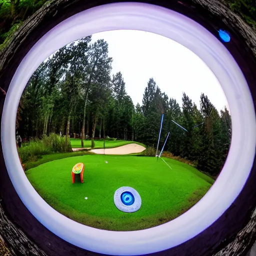 Prompt: disc golf hole in one, fisheye lens, 8k