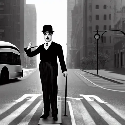 Image similar to charlie chaplin at a bus stop, black and white color aesthetic, highly detailed, photorealistic portrait, bright studio setting, studio lighting, crisp quality and light reflections, unreal engine 5 quality render