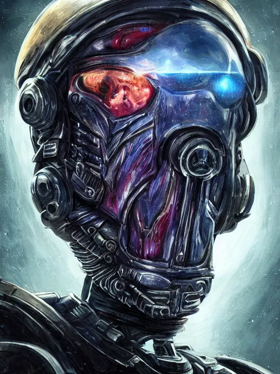 Prompt: portrait art of 8k ultra realistic undead space marine, side profile, galaxy reflection ion in helmet, deep space , detailed intricate ornate armour,eldritch horror,blade runner, cybernetic, full of colour, cinematic lighting, trending on artstation, 4k, hyperrealistic, focused, extreme details,unreal engine 5, cinematic, masterpiece, art by ayami kojima, giger