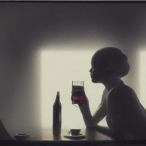 Image similar to silhouette of Elle Fanning drinking whiskey alone in a diner, stormy weather, extremely detailed masterpiece, oil on canvas, low-key neon lighting, artstation, Blade Runner 2049, Roger Deakin’s cinematography, by J. C. Leyendecker and Peter Paul Rubens,