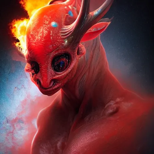 Prompt: realistic alien with horns. red eyes, human eyes, background flames, by alberto seveso