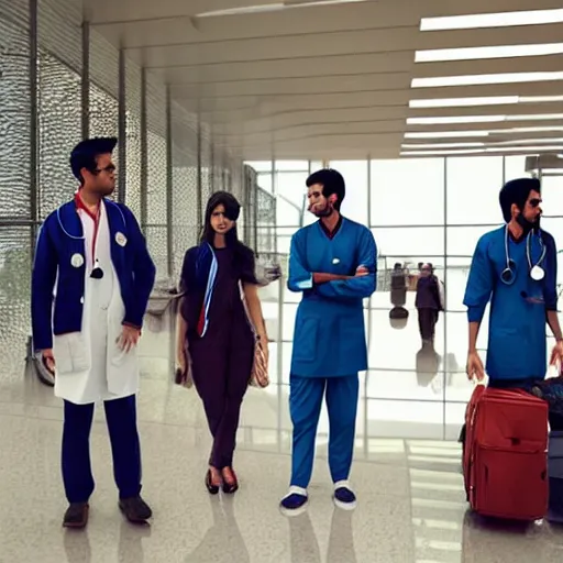 Image similar to Anxious good looking young Indian doctors in American clothes waiting at an airport, by Feng Zhu, highly detailed, excellent composition, cinematic concept art, dramatic lighting, trending on ArtStation