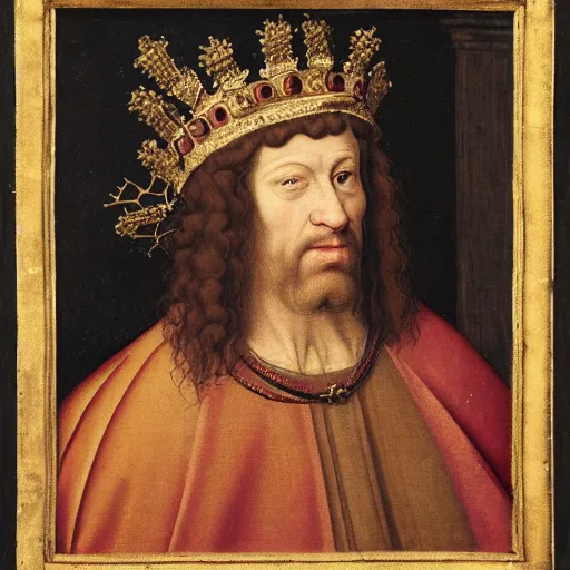 Image similar to a renaissance style portrait of Camelus dromedarius wearing a crown and a cape, dark background