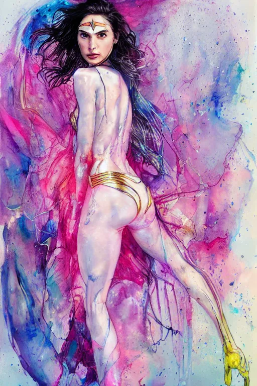 Image similar to gal gadot by agnes cecile enki bilal moebius, intricated details, 3 / 4 back view, full body portrait, extremely luminous bright design, pastel colours, drips, autumn lights