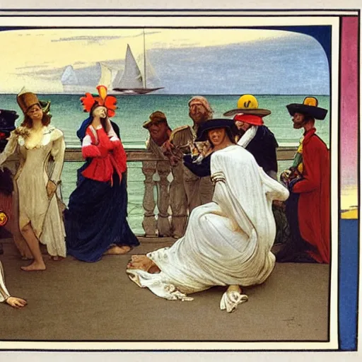 Prompt: People with jester hats and clothes forming a circle on the front of a Balustrade with a beach and a sail boat on the background, major arcana cards, by paul delaroche, alphonse mucha and arnold böcklin arnold böcklin hyperrealistic 8k, very detailed