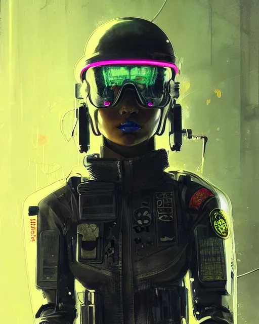 Image similar to detailed portrait neon female swat officer, cyberpunk futuristic, neon, reflective puffy coat, decorated with traditional japanese by ismail inceoglu dragan bibin hans thoma greg rutkowski alexandros pyromallis nekro rene margitte, metro game, illustrated, perfect face, fine details, realistic shaded, fine - face, pretty face