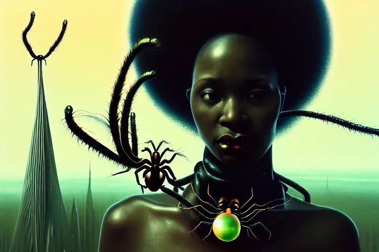 Image similar to realistic detailed photorealistic film portrait shot of a beautiful black woman with a giant spider, sci fi city landscape background by denis villeneuve, amano, yves tanguy, alphonse mucha, ernst haeckel, david lynch, edward robert hughes, roger dean, cyber necklace, dynamic pose, rich moody colours, wide angle