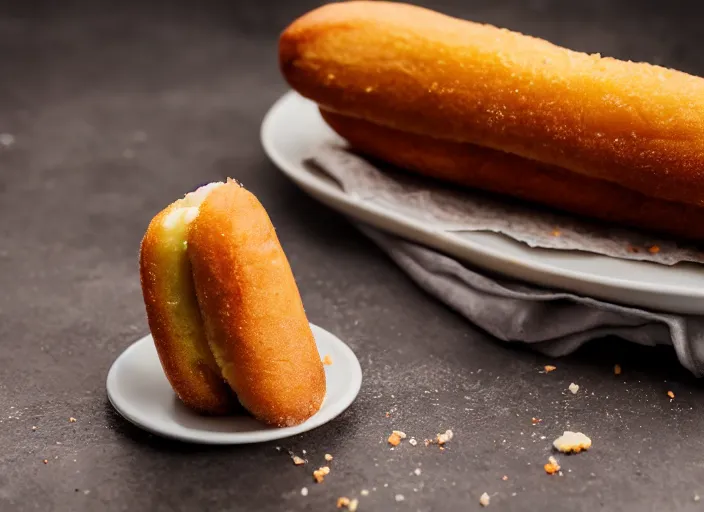 Prompt: dslr food photograph of deep fried twinkie cut in half, 8 5 mm f 1. 8