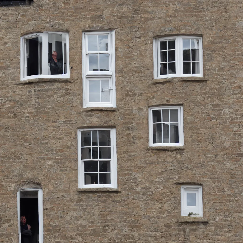 Image similar to single triangular or round sash window on a british wall, surprised and perplexed builders standing in front of it