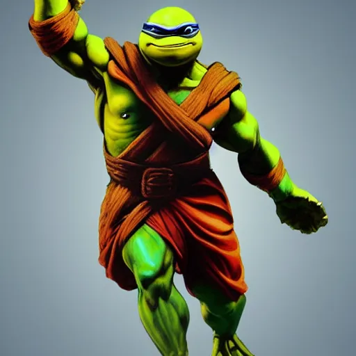 Prompt: Michaelangelo from the Teenage Mutants Ninja Turtles painted by Michaelangelo, masterpiece