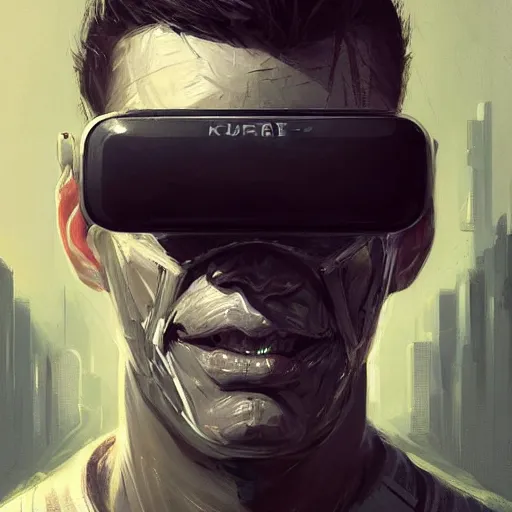 Image similar to Portrait of a man by Greg Rutkowski, symmetrical face, an young man with a VR Heaset covering his eyes, Kubric Stare, cold, twisted and sinister smile, highly detailed portrait, scifi, digital painting, artstation, book cover, cyberpunk, concept art, smooth, sharp foccus ilustration, Artstation HQ