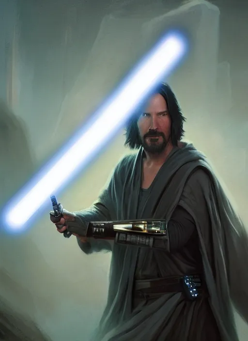 Image similar to a jedi holding a lightsaber, keanu reeves, greg rutkowski, 8 k, shallow depth of field, intricate detail, concept art,