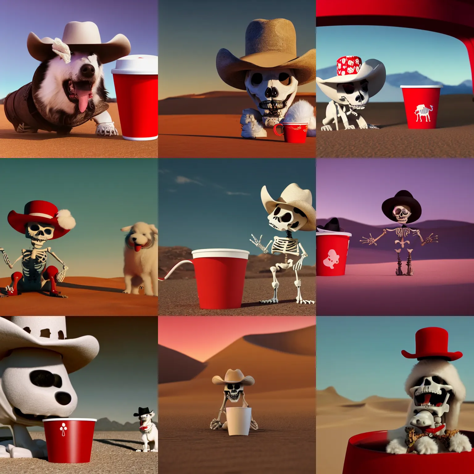 Prompt: a cartoon skeleton in a cowboy hat standing in the desert and yelling at a cute white fluffy dog that is sitting inside of a red cup. octane render. trending. cinematic. epic. highly detailed. 8 k