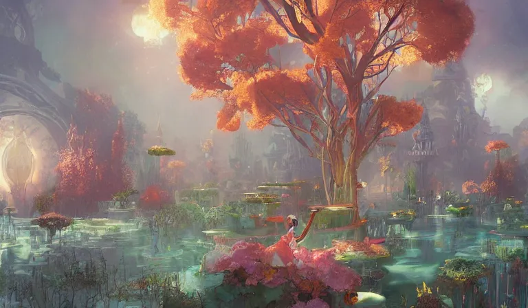 Prompt: dreamlike royal garden fantasycore, glossy painting, Art Nouveau Cosmic 4k Detailed Matte Illustration featured on Getty Images ,CGSociety, Jade and Carrot orange color scheme, Pastiche by Marc Simonetti, Pastiche by Cedric Peyravernay