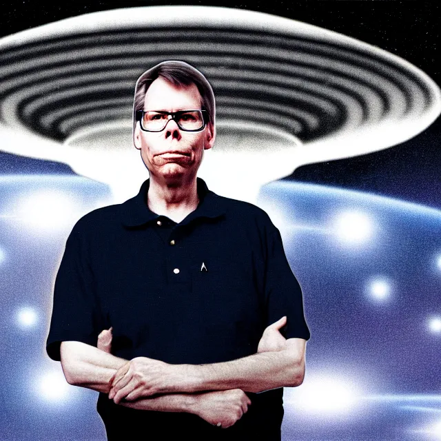 Prompt: a photo of bob lazar with a hangar full of flying saucers at area 5 1, photorealistic, high detail