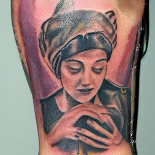 Prompt: a tattoo artist who tattoos a nipple, style painting of 1500, same style than the paint Gabrielle d\'Estrées et une de ses sœurs