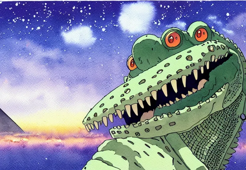 Image similar to a hyperrealist watercolor concept art from a studio ghibli film showing a giant mechanized crocodile from howl's moving castle ( 2 0 0 4 ). a pyramid is under construction in the background, in the rainforest on a misty and starry night. a ufo is in the sky. by studio ghibli