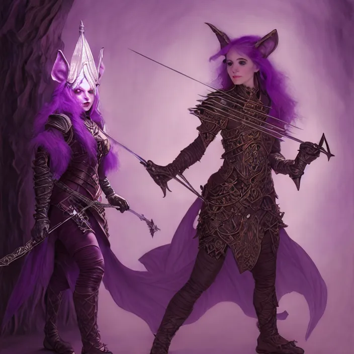 Image similar to d & d bard with her lilac leather armor in am evil dungeon, volumetric lighting, fantasy, intricate, elegant, highly detailed, lifelike, photorealistic, digital painting, artstation, fox ears illustration, concept art, sharp focus, by john collier and albert aublet and krenz cushart and artem demura and alphonse mucha