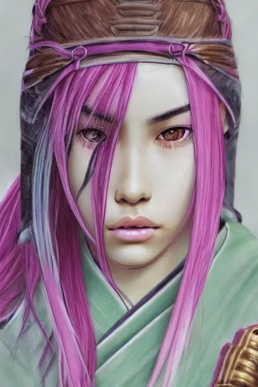 Image similar to highly detailed beautiful photo of madison beer as a young female samurai, practising her sword staces, symmetrical face, beautiful eyes, pink hair, realistic anime art style, 8 k, award winning photo, pastels colours, action photography, 1 / 1 2 5 shutter speed, sunrise lighting