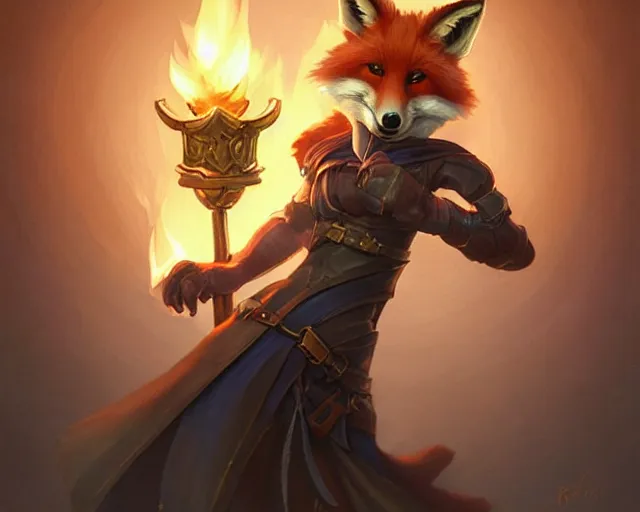 Image similar to a cheeky school oy fox from final fantasy, holding a torch, deep focus, d & d, fantasy, intricate, elegant, highly detailed, digital painting, artstation, concept art, matte, sharp focus, illustration, hearthstone, art by artgerm and greg rutkowski and alphonse mucha