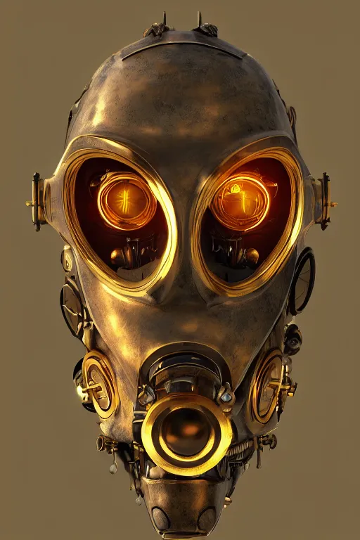 Image similar to steampunk mask minimalist fantasy art robot ninja helmet, global illumination ray tracing hdr fanart arstation by sung choi and eric pfeiffer and gabriel garza and casper konefal radiating a glowing aura