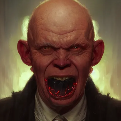 Image similar to portrait of a red bald man with black eyes and a black teeth, horror, glowing eyes, by Stanley Artgerm Lau , greg rutkowski, thomas kindkade, alphonse mucha, loish, norman rockwell. Trending on artstation detailed illustration hd 4k