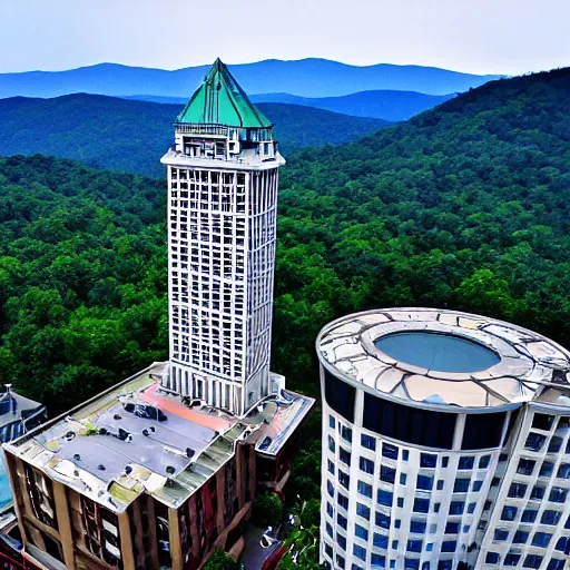 Prompt: 1 0 0 0 foot tall hotel above the asheville, nc skyline